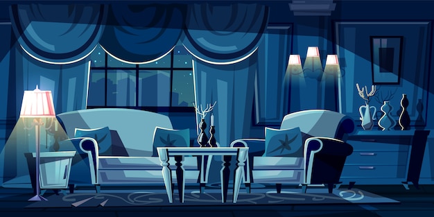 cartoon illustration of dark living room at night. Modern interior with sofa, armchair 