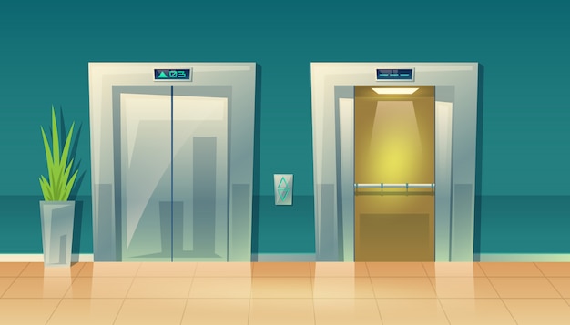 cartoon illustration of empty hallway with elevators - closed doors and open. 