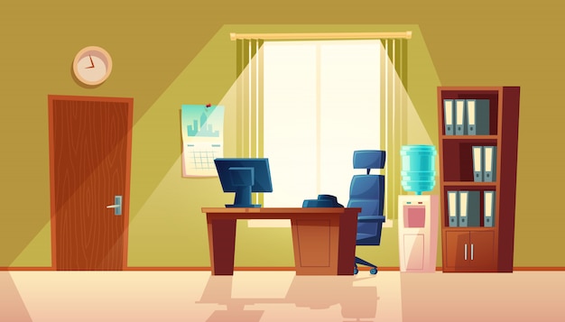 Free Vector cartoon illustration of empty office with window, modern interior with furniture. 