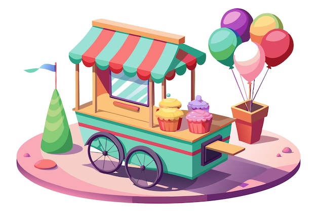 A cartoon illustration of a food cart with cupcakes and balloons for a party or special event