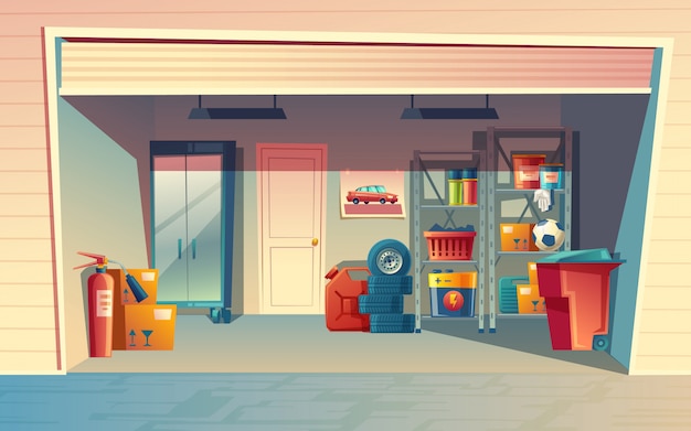 cartoon illustration of garage interior, storage room with auto equipment, tires, jerrican