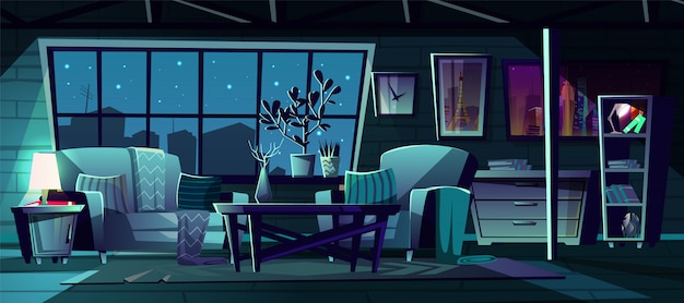 Free Vector cartoon illustration of modern living room at night. 