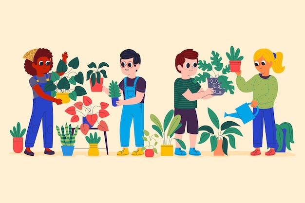 Cartoon illustration of people taking care of plants