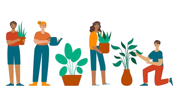 Cartoon illustration of people taking care of plants