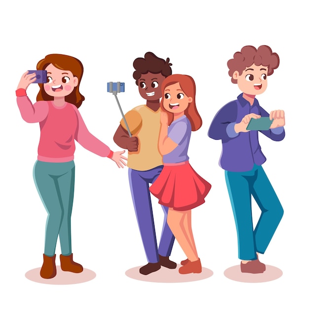 Free Vector cartoon illustration of people taking photos with smartphone