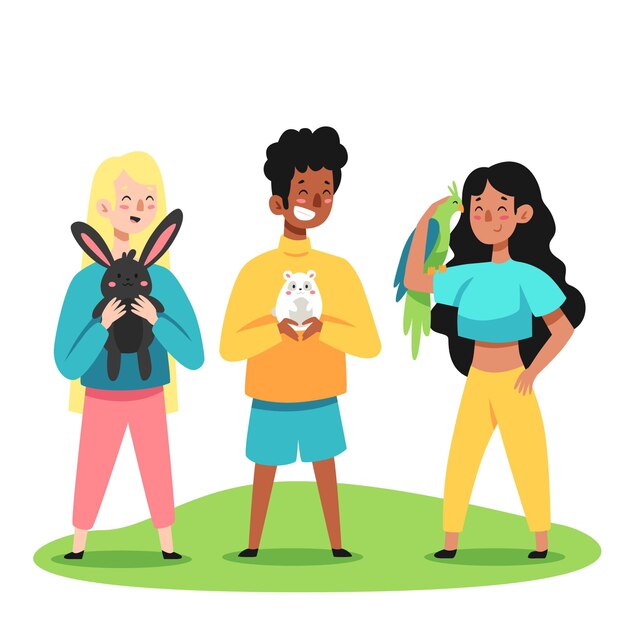 Cartoon illustration of people with pets