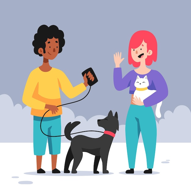 Cartoon illustration of people with pets