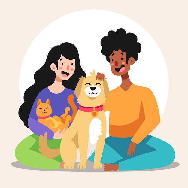 Cartoon illustration of people with pets