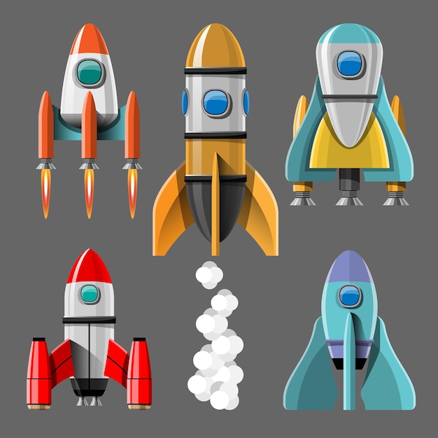 Cartoon illustration Rocket launch isolated set. Space mission rockets with smoke. illustration in flat style