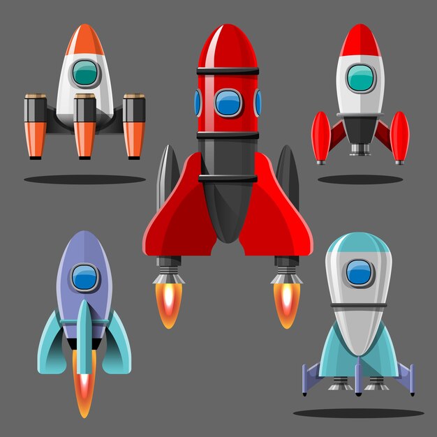 Cartoon illustration Rocket launch isolated set. Space mission rockets with smoke