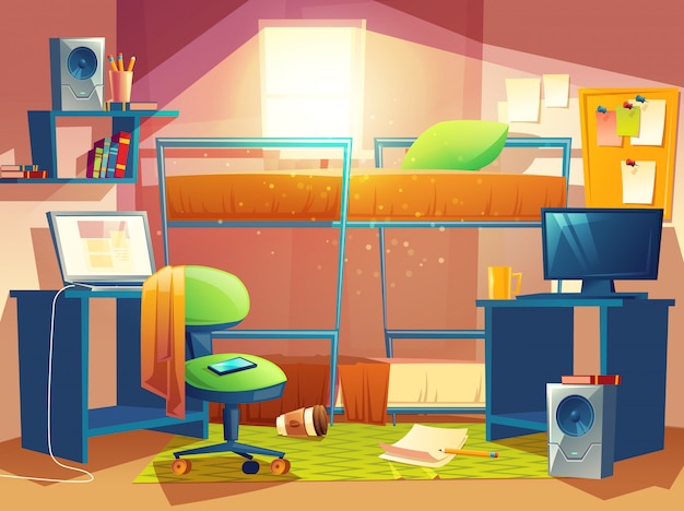 Cartoon illustration of small dorm room, dormitory interior inside, hostel bedroom