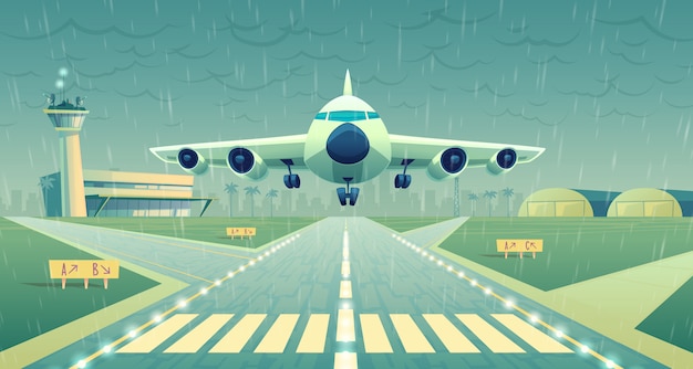 Free Vector cartoon illustration, white airliner, jet over runway. 