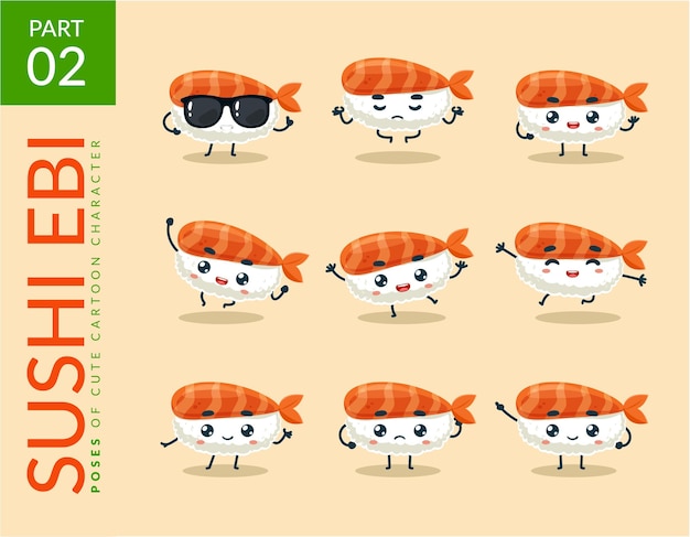 Cartoon images of Ebi Sushi. set.