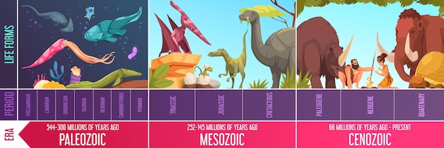 Free Vector cartoon infographics with geological scale paleozoic mesozoic and cenozoic eras periods and life forms vector illustration