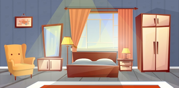 Free Vector cartoon interior of cozy bedroom with window. living apartment with furniture