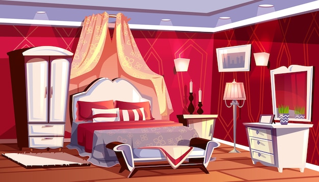 Free Vector cartoon interior of rich bedroom with closet, nightstand. 