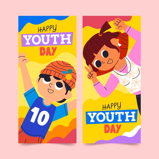 Cartoon international youth day banners set