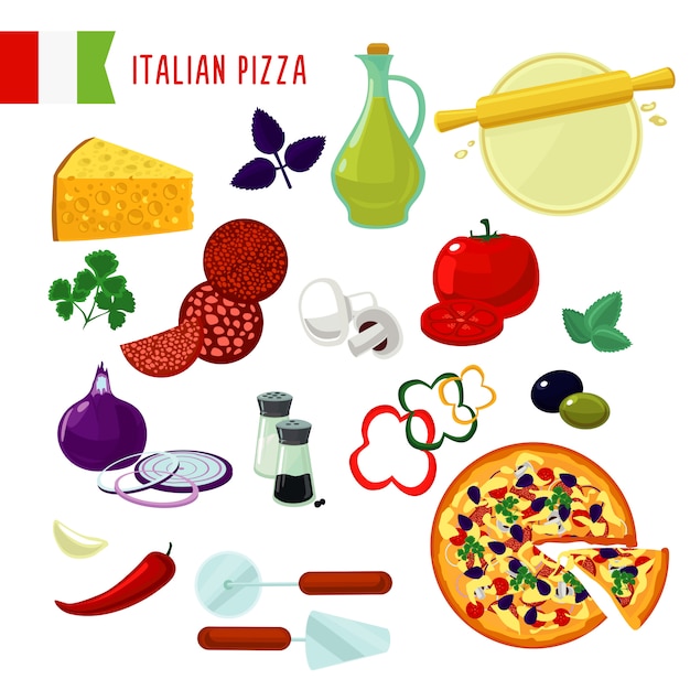 Cartoon Italian Pizza Ingredients Set