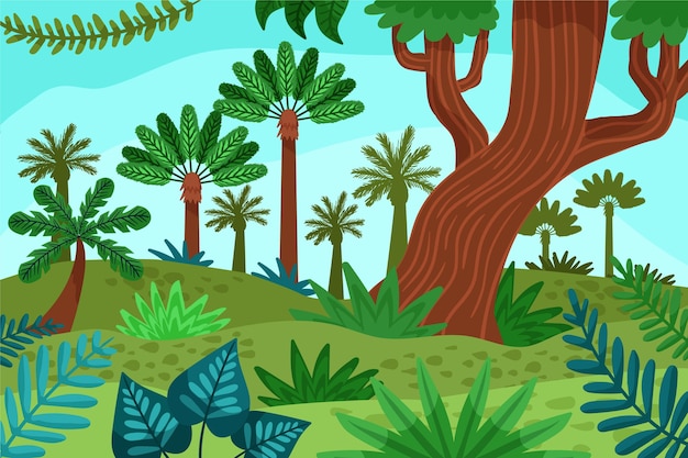 Cartoon jungle background with beautiful tall trees