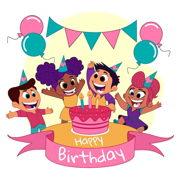 Free Vector cartoon kids at a birthday party