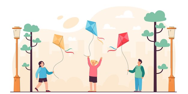 Cartoon kids holding flying kites in city park. Flat illustration