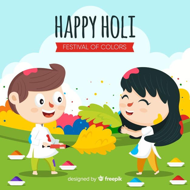 Cartoon kids holi festival background