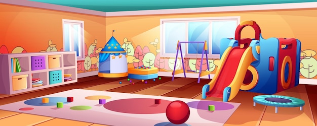 Cartoon kids playroom interior with slide swing and trampoline