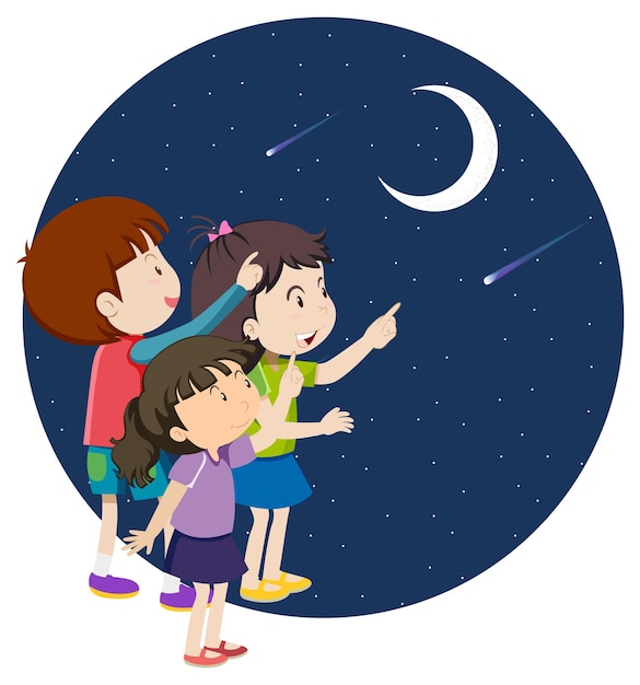 Cartoon kids pointing finger to the moon