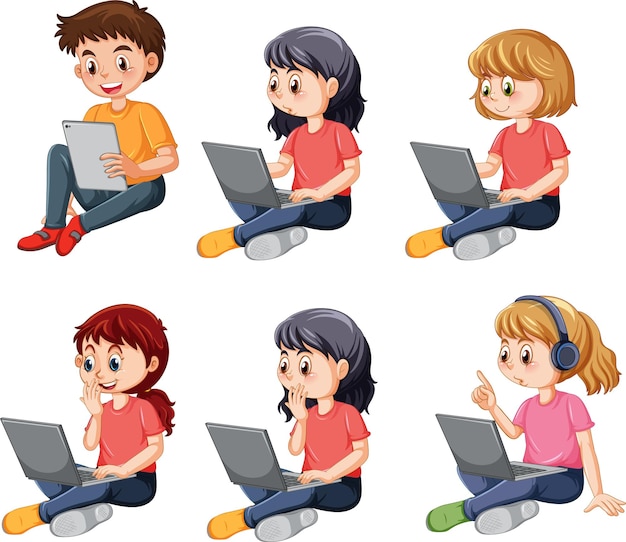 Cartoon Kids Using Laptops for Online Learning