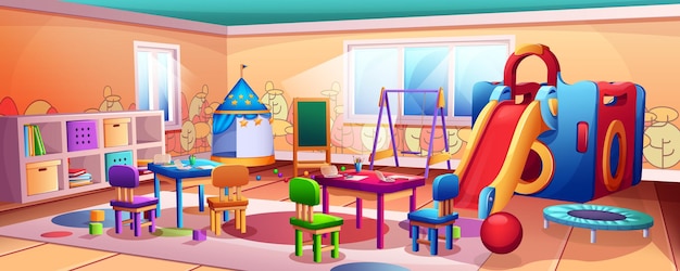 Free Vector cartoon kindergarten interior with toys tables and kids play area