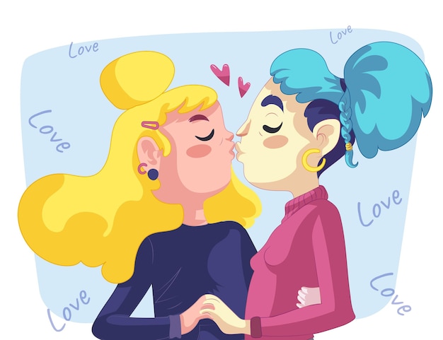 Cartoon lesbian kiss illustration