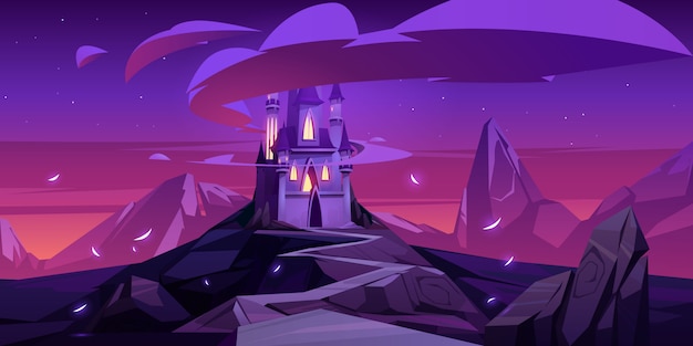 Free Vector  cartoon magic castle in mountains at night