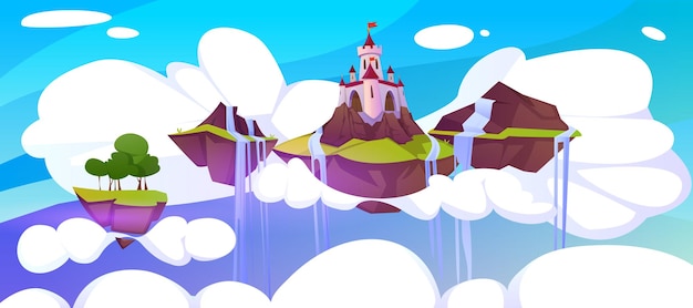 Free Vector cartoon magic pink castle and waterfall on floating island