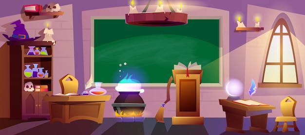 Free Vector cartoon magic school classroom with chalkboard cauldron and desks