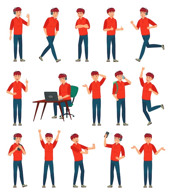 Cartoon male teenager character. Teenage boy in different poses and actions