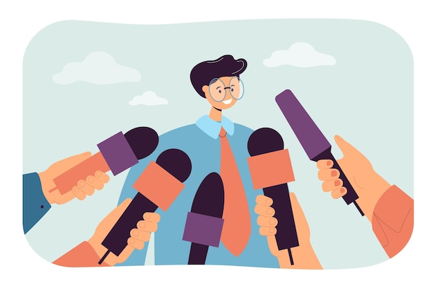 Free Vector cartoon man giving opinion to public press. hands holding mics, guy giving interview or comments flat  illustration