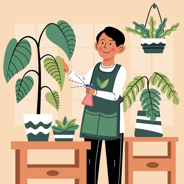 Cartoon man taking care of plants