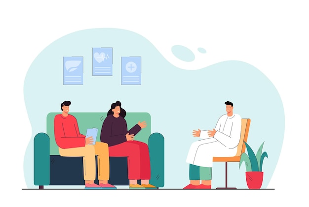 Cartoon married couple communicating with doctor. Flat illustration