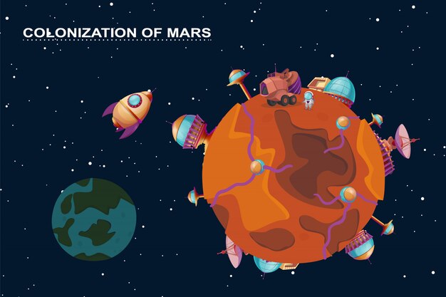 cartoon mars colonization concept. Red planet in space, cosmos with colony buildings 