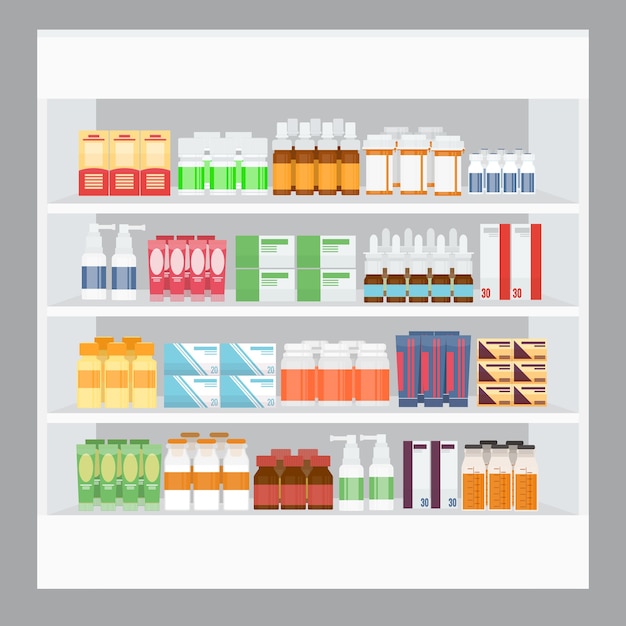 Free vector cartoon medicine for sale display in rack stand in pharmacy