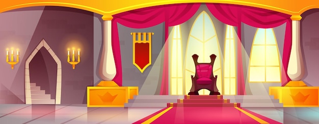 Free Vector cartoon medieval castle with empty ballroom with king throne