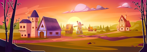 Cartoon medieval town at sunset Vector illustration of old stone houses and mill in European style green field pine forest stones near footpath sun going down on horizon Farming game background