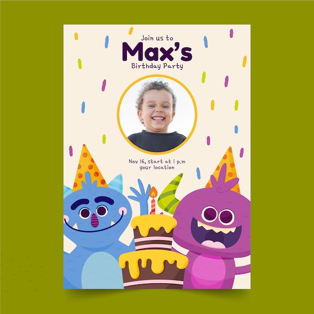 Free Vector cartoon monster birthday invitation template with photo