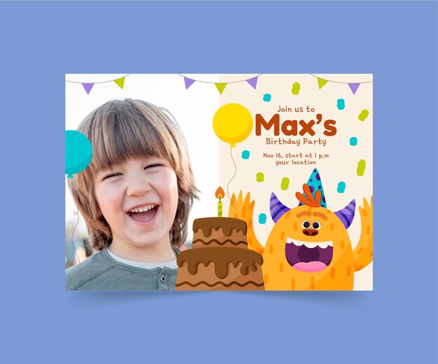 Cartoon monster birthday invitation template with photo