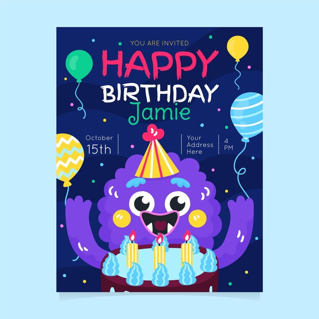 Cartoon monster birthday invitation template