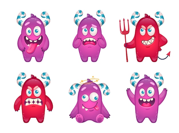 Cartoon monster emoticons set with funny doodle characters of crazy childish beasts isolated