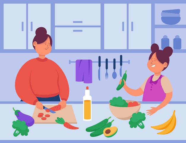 Free Vector cartoon mother and daughter cooking together in kitchen