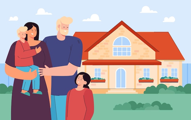 Free Vector cartoon mother and father with children in front of house. picture of happy home, people standing outside flat vector illustration. family, love, real estate concept for banner or landing web page