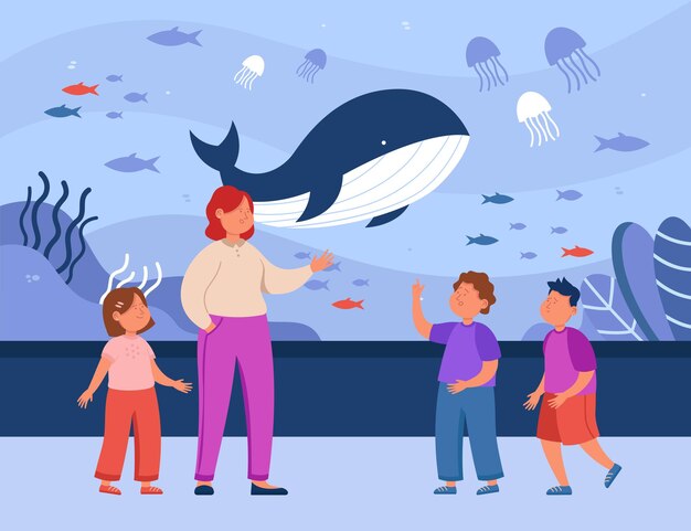 Cartoon mother and kids looking at ocean animals in aquarium. Woman and children at underwater zoo flat vector illustration. Family, marine fauna concept for banner, website design or landing web page