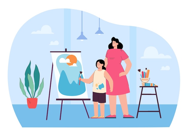 Cartoon mother watching daughter drawing on easel. Kid painting with woman flat illustration